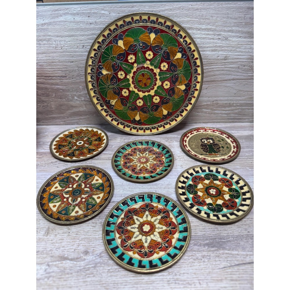 Byzantine Mosaic Design Enamel On Brass Plates  Handmade Greece Set Of 7 VTG